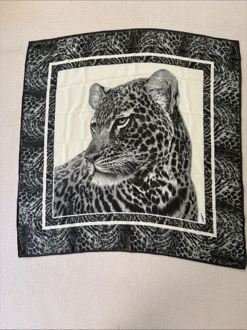 Olive and Cream Leopard Face Silk-Style Scarf